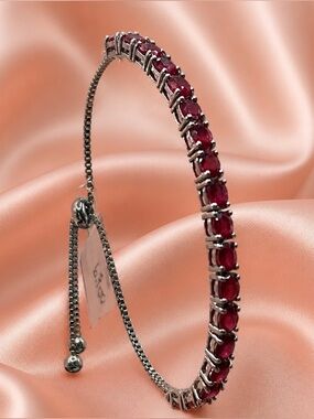 Natural Genuine Ruby Bolo Bracelet. Rhodium/925 Sterling Silver.Adjustable to 8”